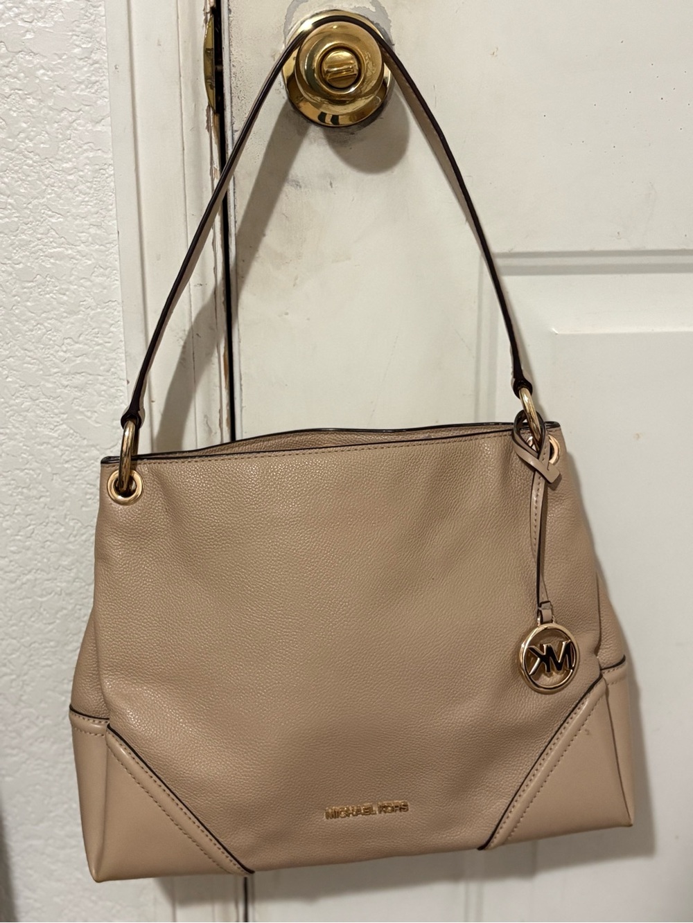 Michael Kors Taupe Pebbled Leather Shoulder Bag with Gold Hardware